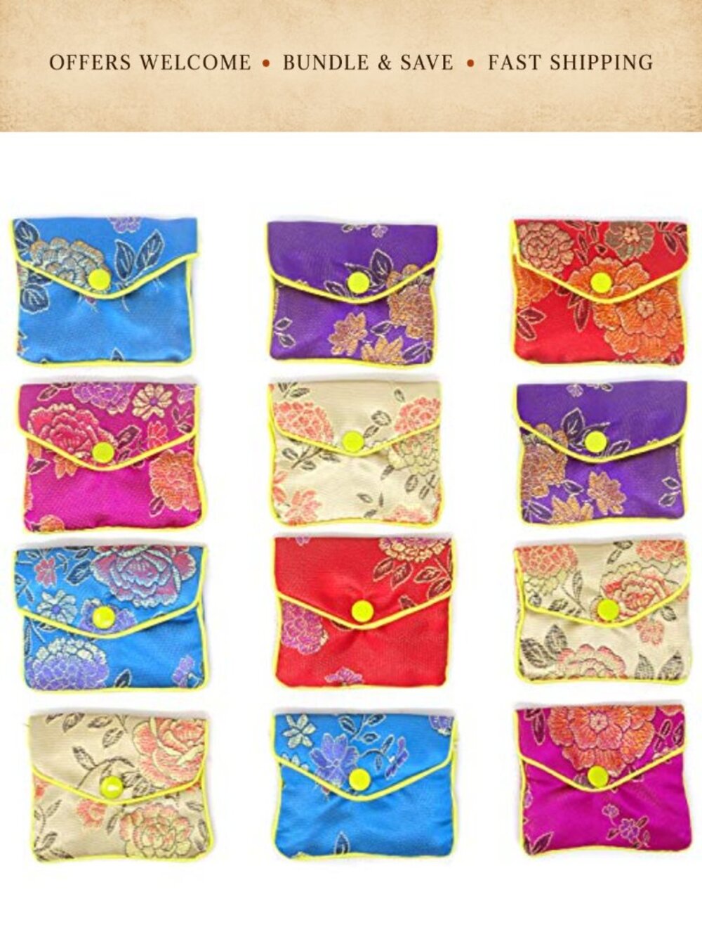 12PC Silk Brocade Embroidered Jewelry Pouch Set Snap Zipper Gift Bags
